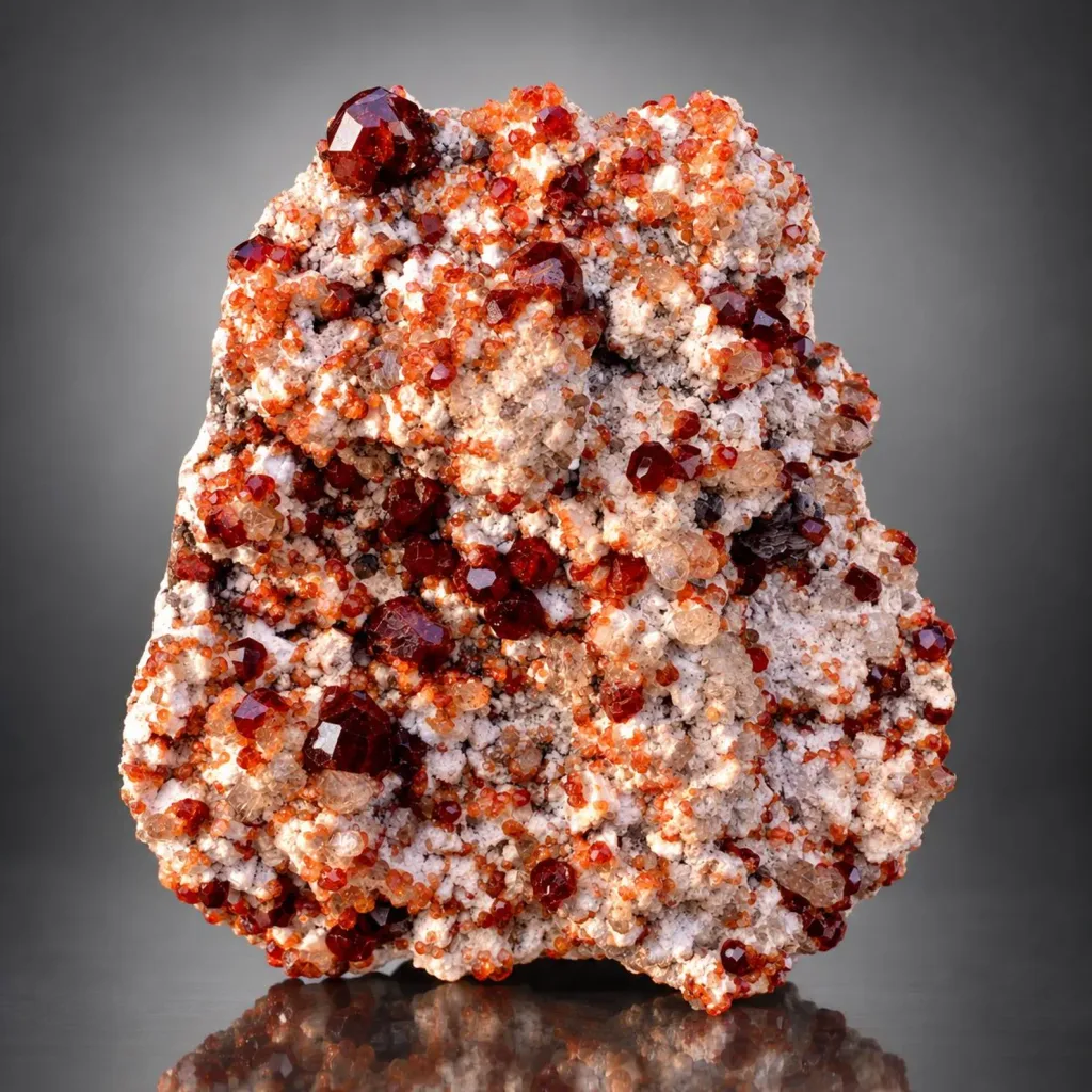 Rare Orange-Red Spessarite Garnet Crystals with Quartz on Matrix - image 4