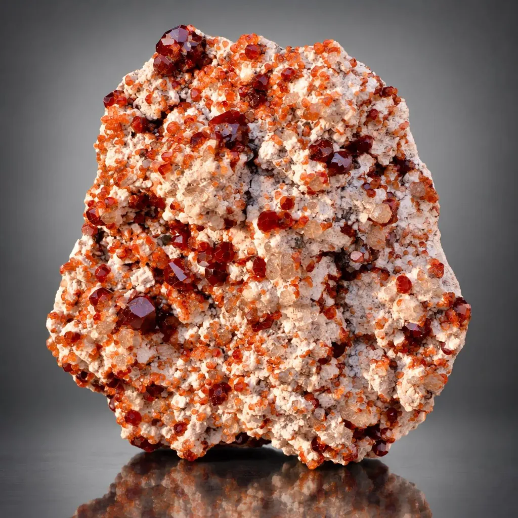 Rare Orange-Red Spessarite Garnet Crystals with Quartz on Matrix image