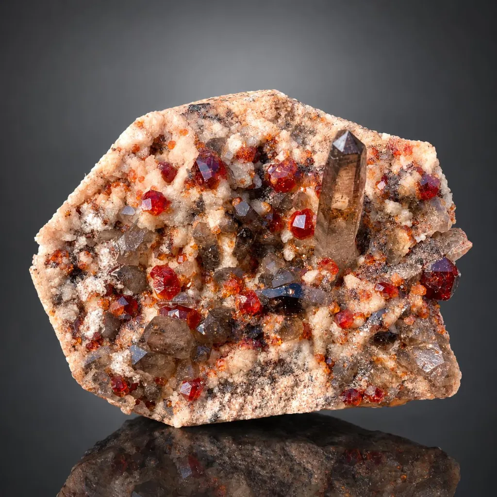 Rare Orange Red Spessartite Garnet Crystals with Smoky Quartz on Matrix - image 4