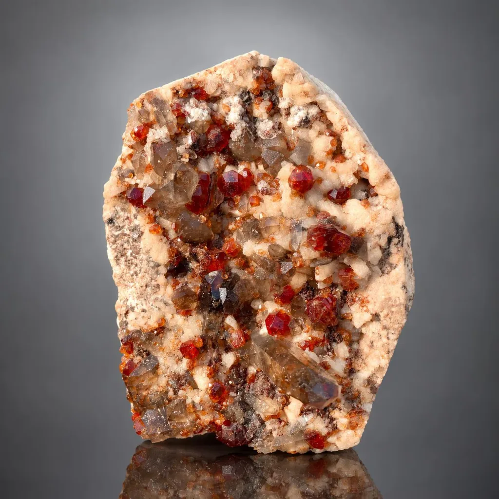Rare Orange Red Spessartite Garnet Crystals with Smoky Quartz on Matrix - image 5