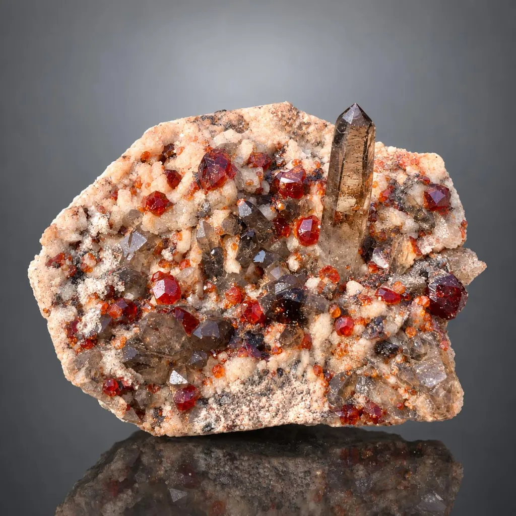 Rare Orange Red Spessartite Garnet Crystals with Smoky Quartz on Matrix - image 3