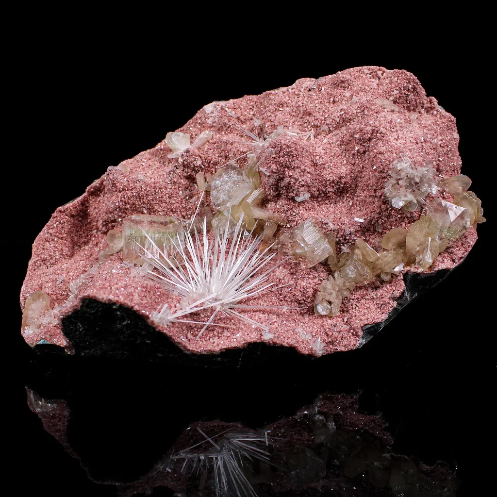 Rare Scolecite Spray with Green Apophyllite, Stilbite & Heulandite on Pink Matrix – Natural Indian Zeolite Specimen image