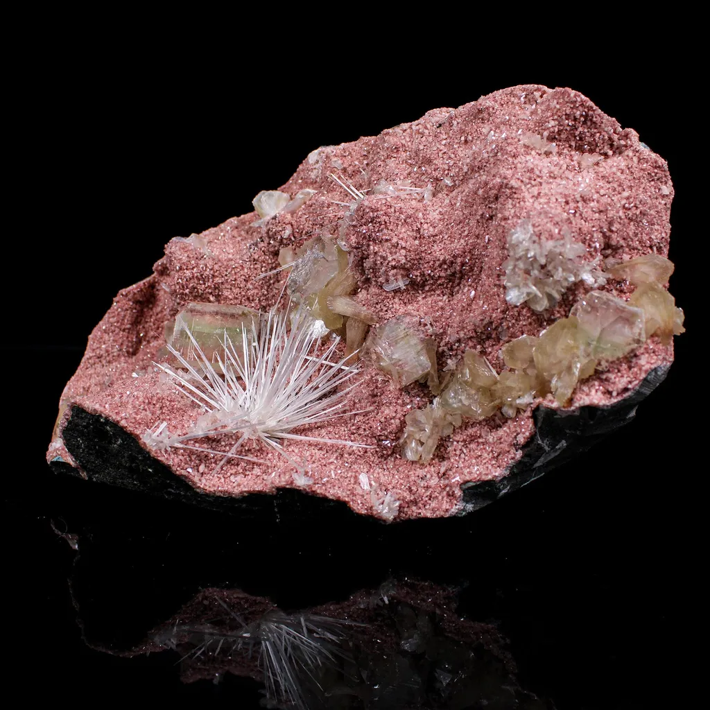 Rare Scolecite Spray with Green Apophyllite, Stilbite & Heulandite on Pink Matrix – Natural Indian Zeolite Specimen - image 2