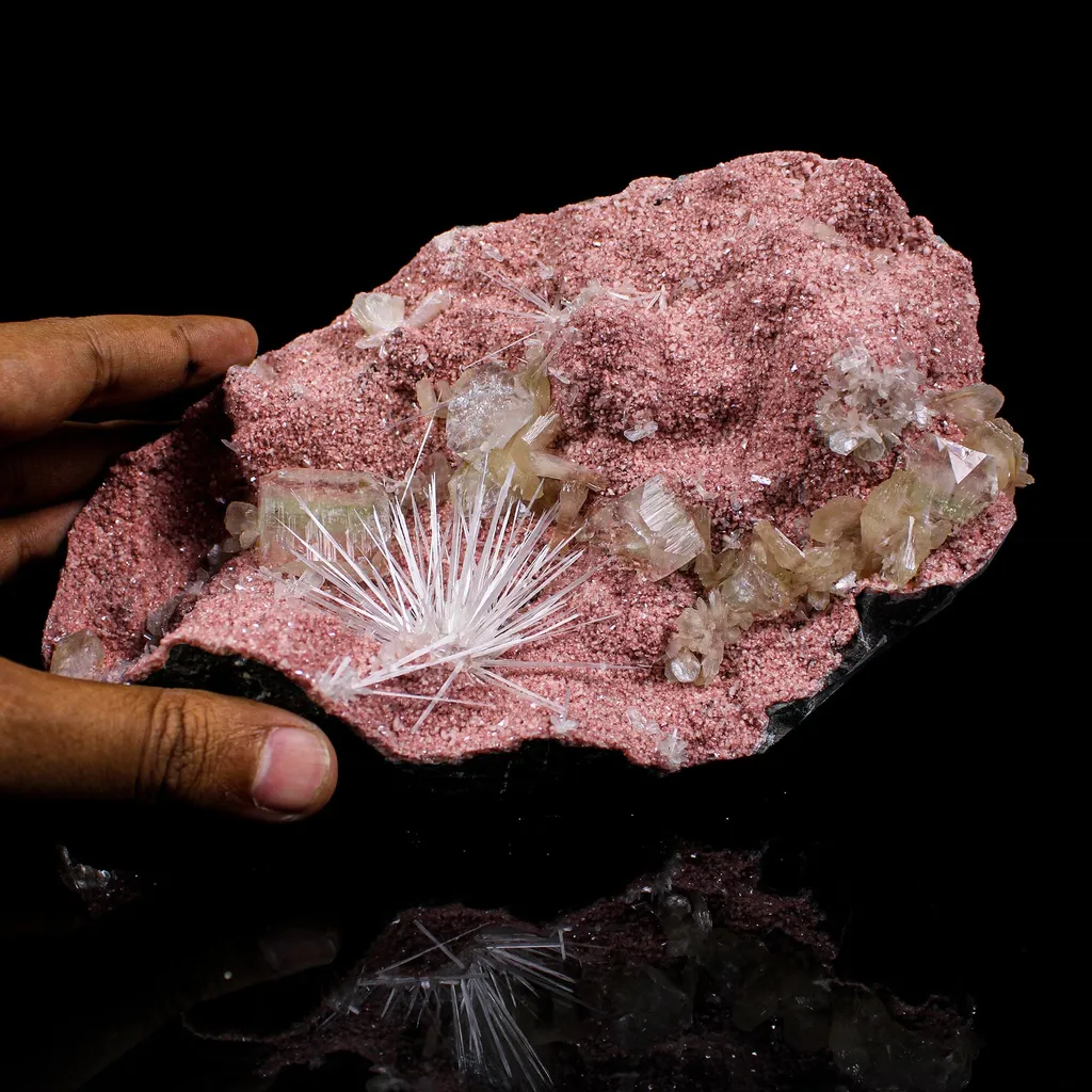 Rare Scolecite Spray with Green Apophyllite, Stilbite & Heulandite on Pink Matrix – Natural Indian Zeolite Specimen - image 4