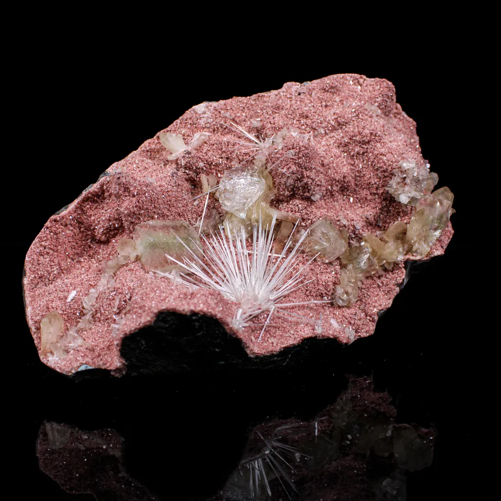 Rare Scolecite Spray with Green Apophyllite, Stilbite & Heulandite on Pink Matrix – Natural Indian Zeolite Specimen - image 3