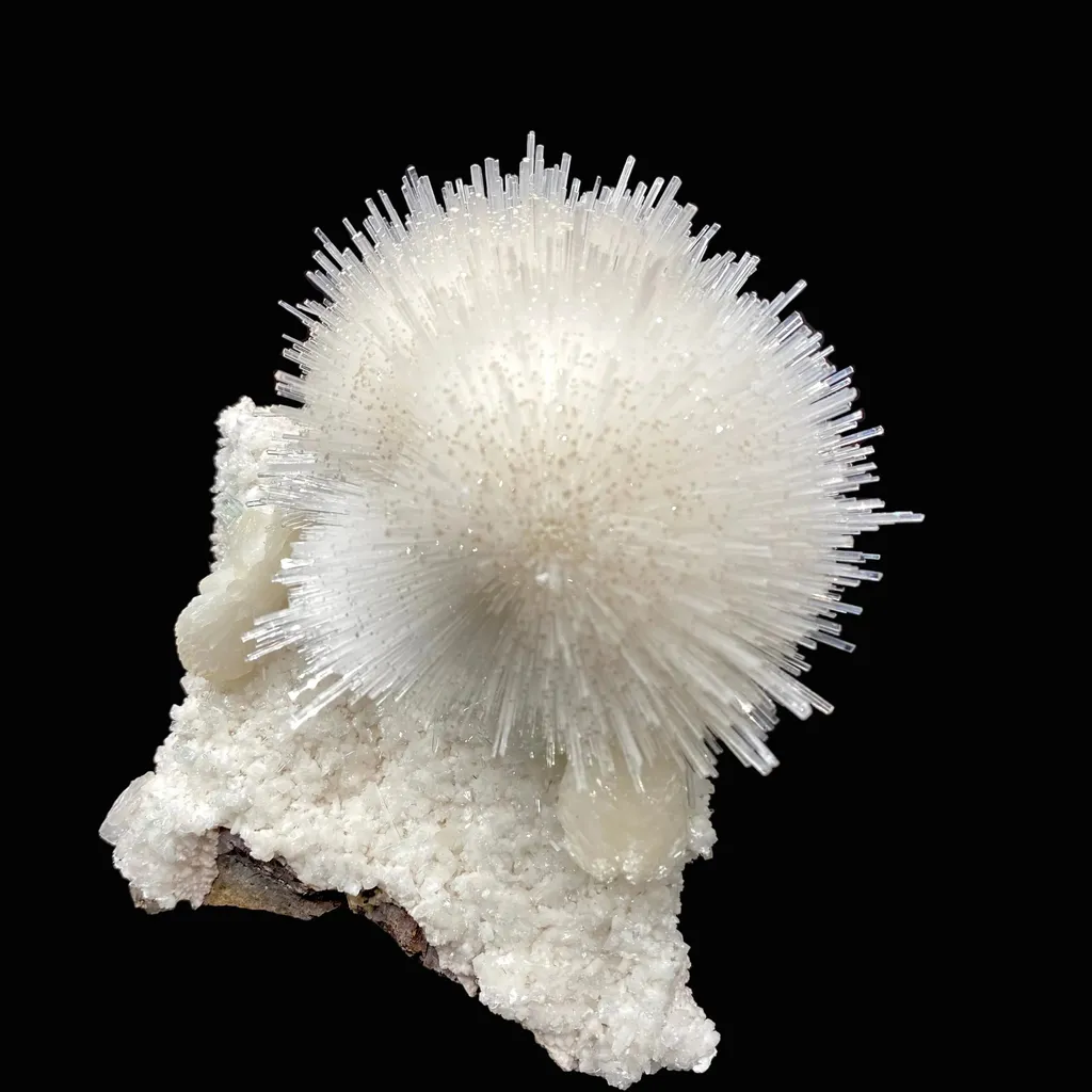Rare White Mesolite on Mordenite – Porcupine Spray Zeolite Specimen from India image