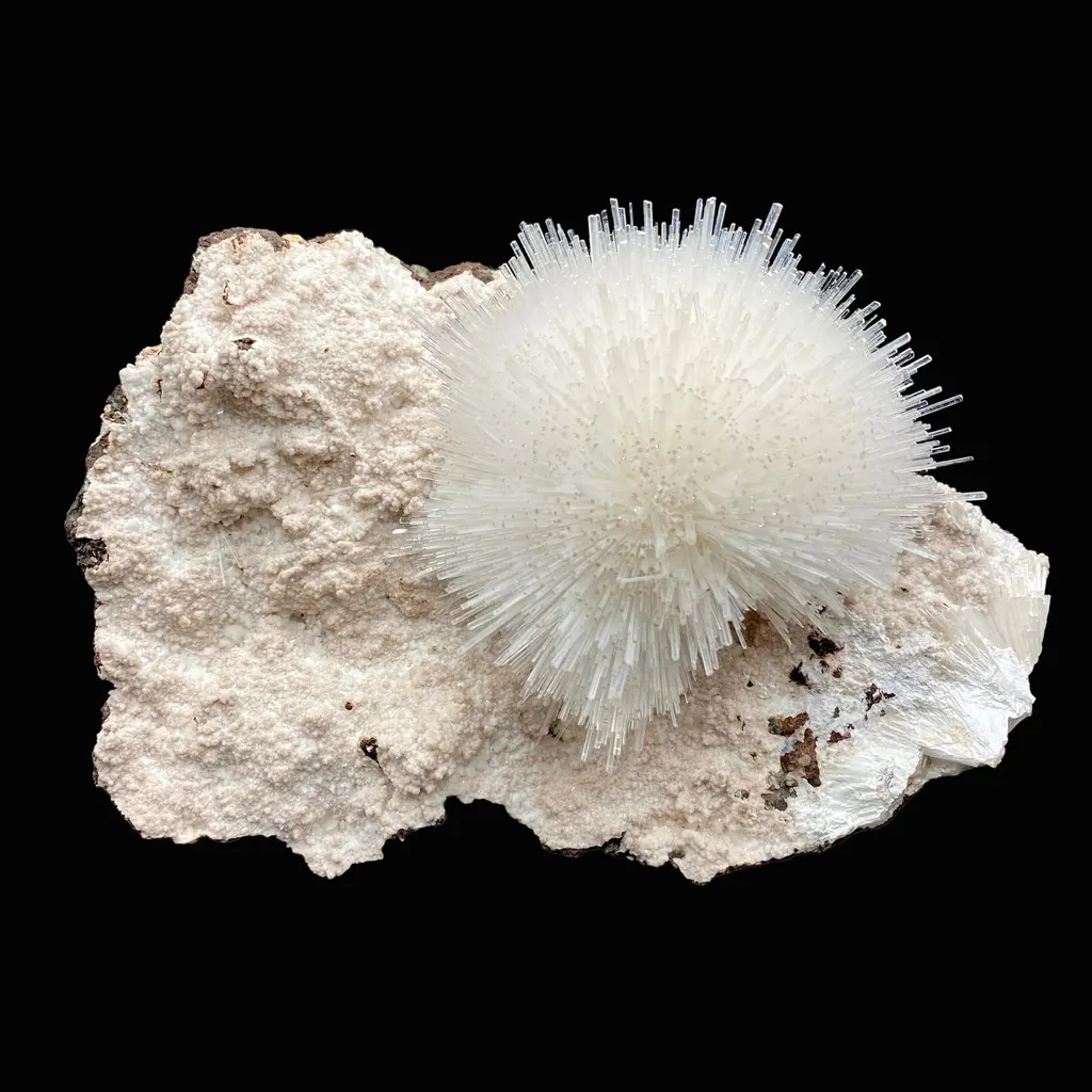 Rare White Mesolite on Mordenite – Porcupine Spray Zeolite Specimen from India image