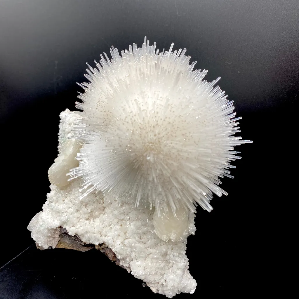 Rare White Mesolite on Mordenite – Porcupine Spray Zeolite Specimen from India image