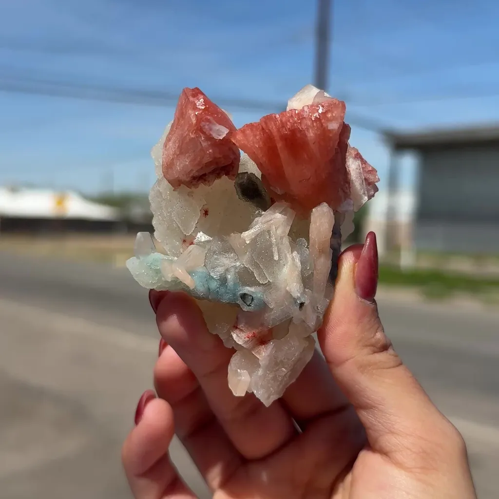 Red Heulandite & Stilbite Cluster on Chalcedony-Coated Calcite – Rare Indian Zeolite Mineral Specimen from Jalgaon - image 2