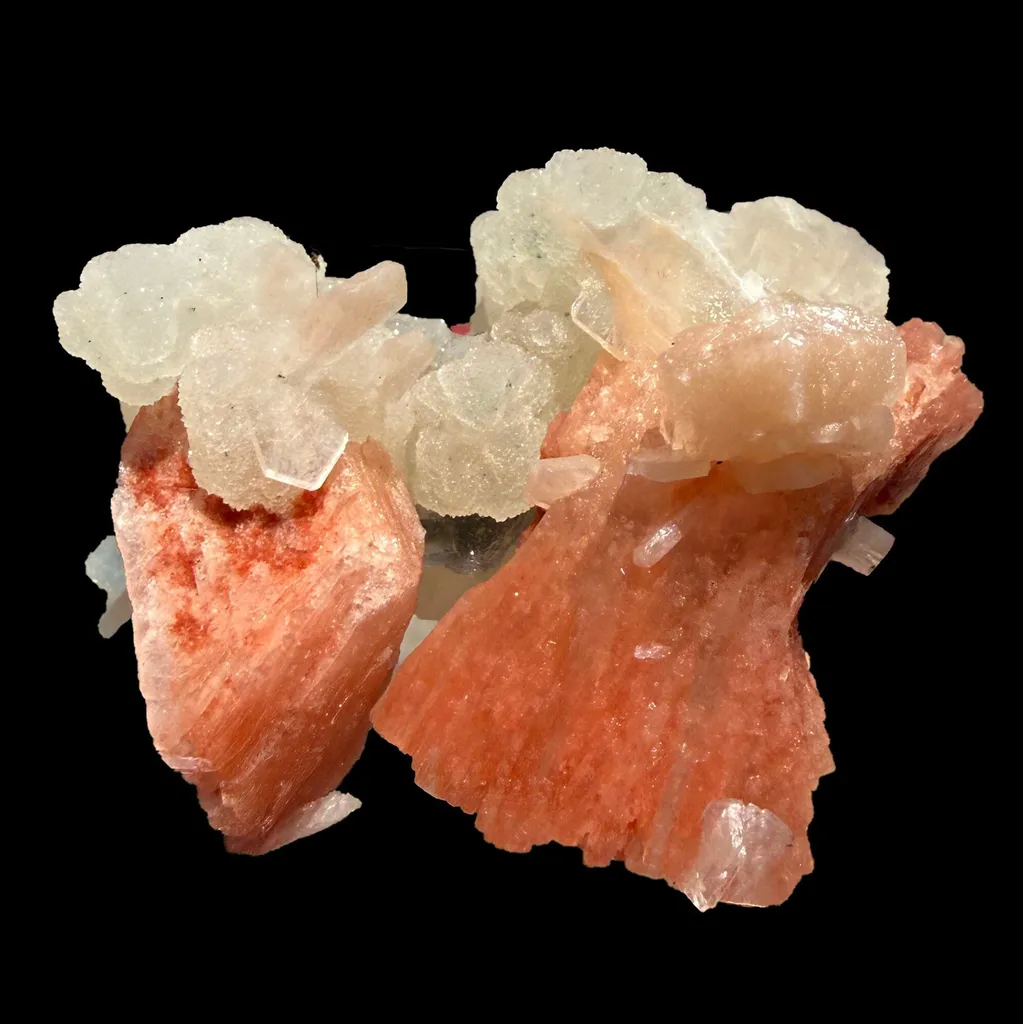 Red Heulandite & Stilbite Cluster on Chalcedony-Coated Calcite – Rare Indian Zeolite Mineral Specimen from Jalgaon - image 5