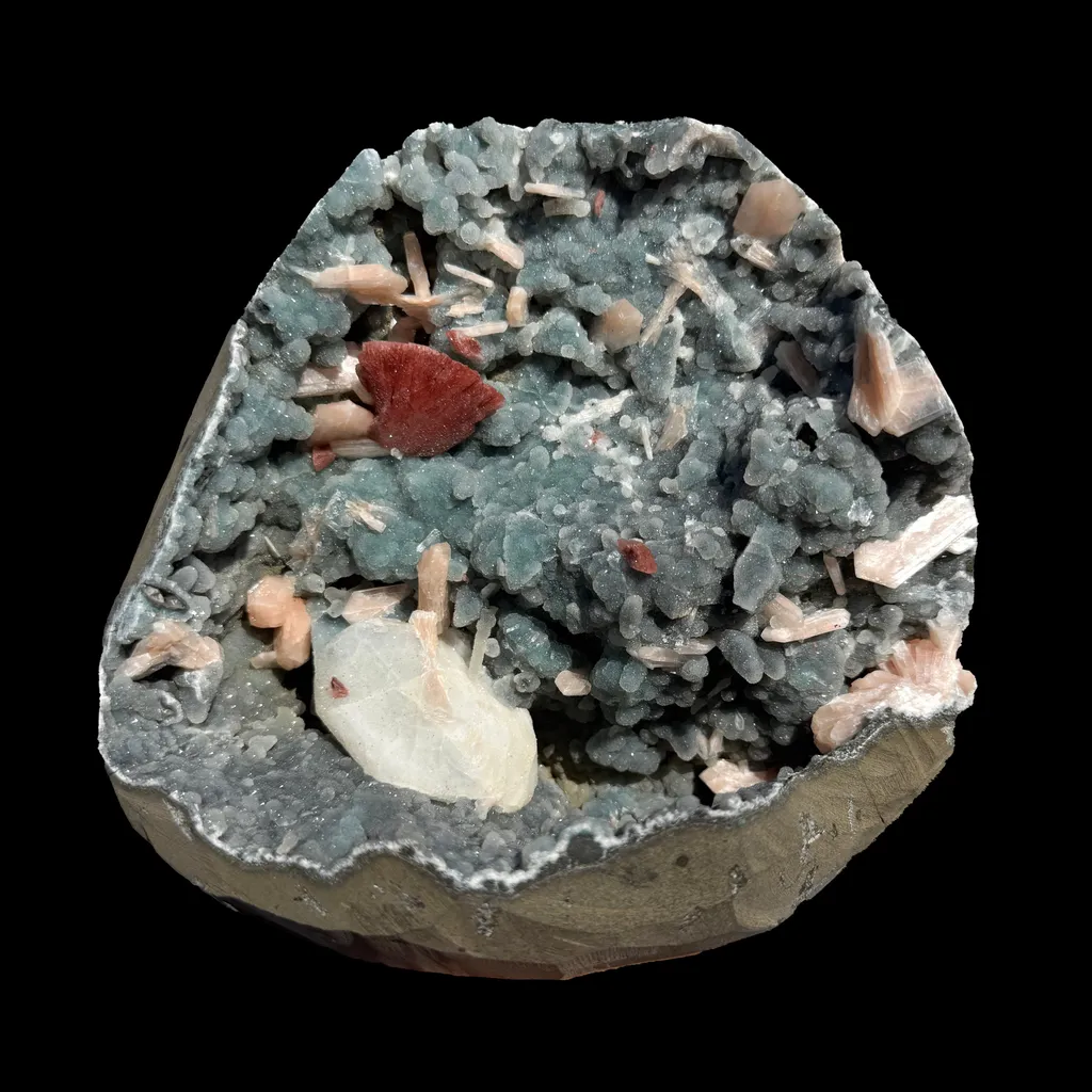 Red Heulandite with Calcite, Stilbite on Sparkling Chalcedony Semi-Geode from Jalgaon Maharashtra India | Natural Zeolite Mineral Specimen DKT79 image