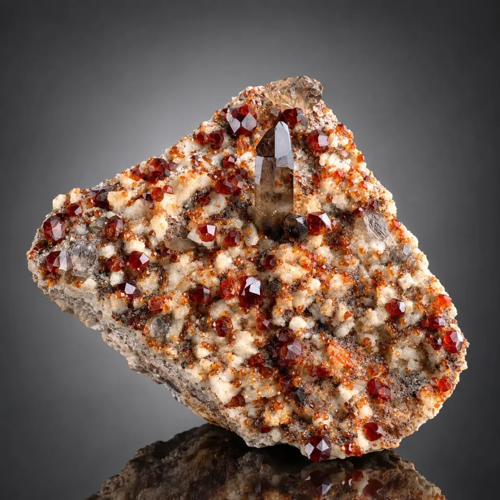 Red Spessartine Garnet cluster Combine smoky Quartz on Matrix from China image
