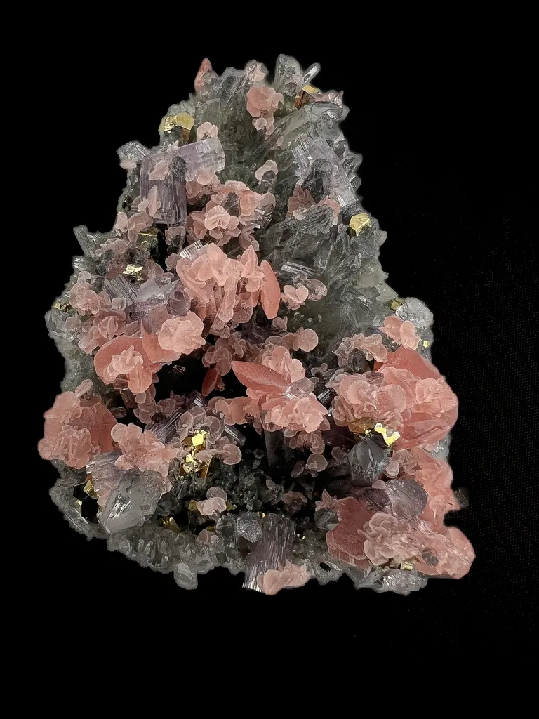 Rhodochrosite Apatite and Pyrite on Hedenbergite Included Quartz image