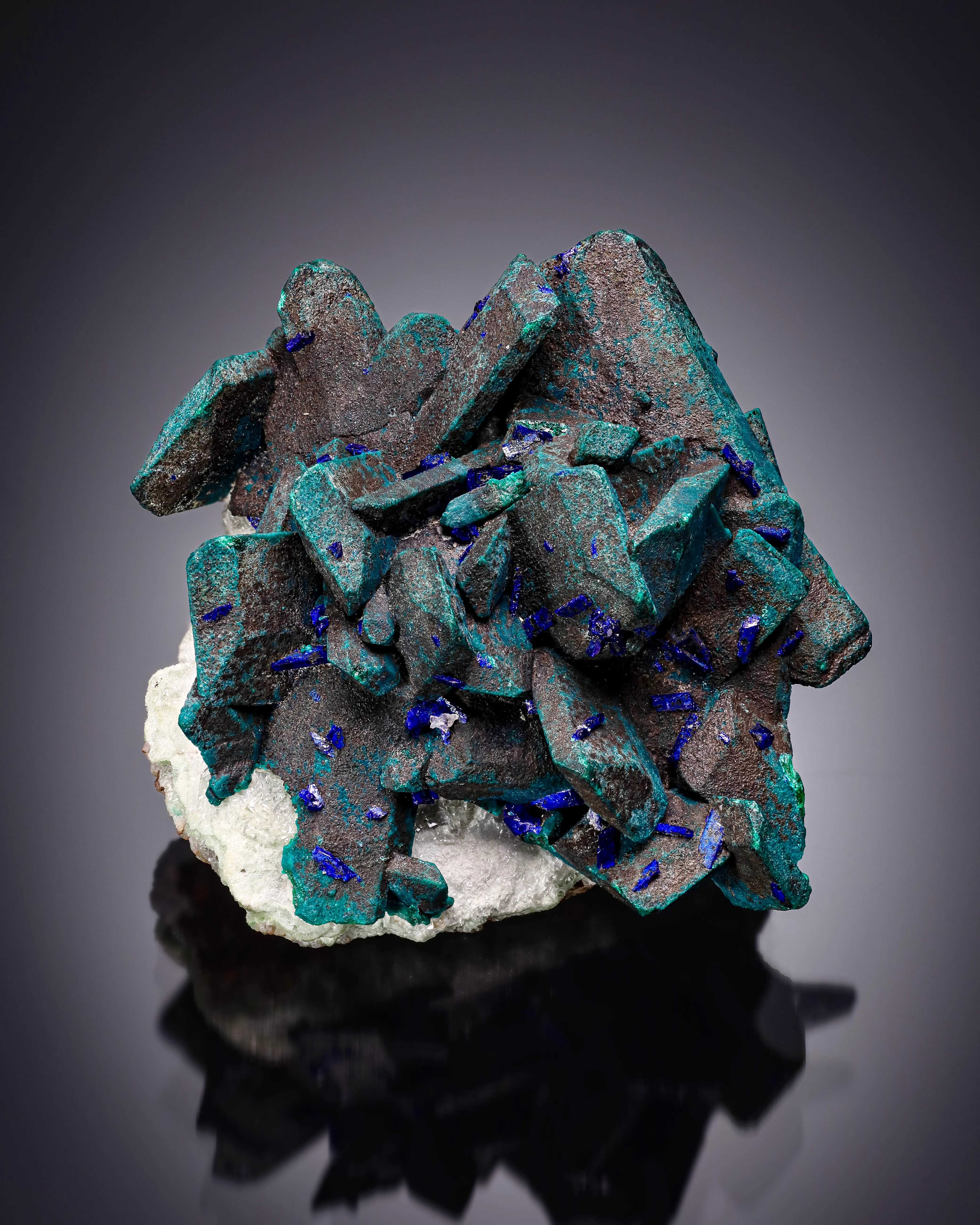 Rosasite ps. Malachite ps. Azurite on Smithsonite from Namibia, Oshikoto Region, Tsumeb - image 1