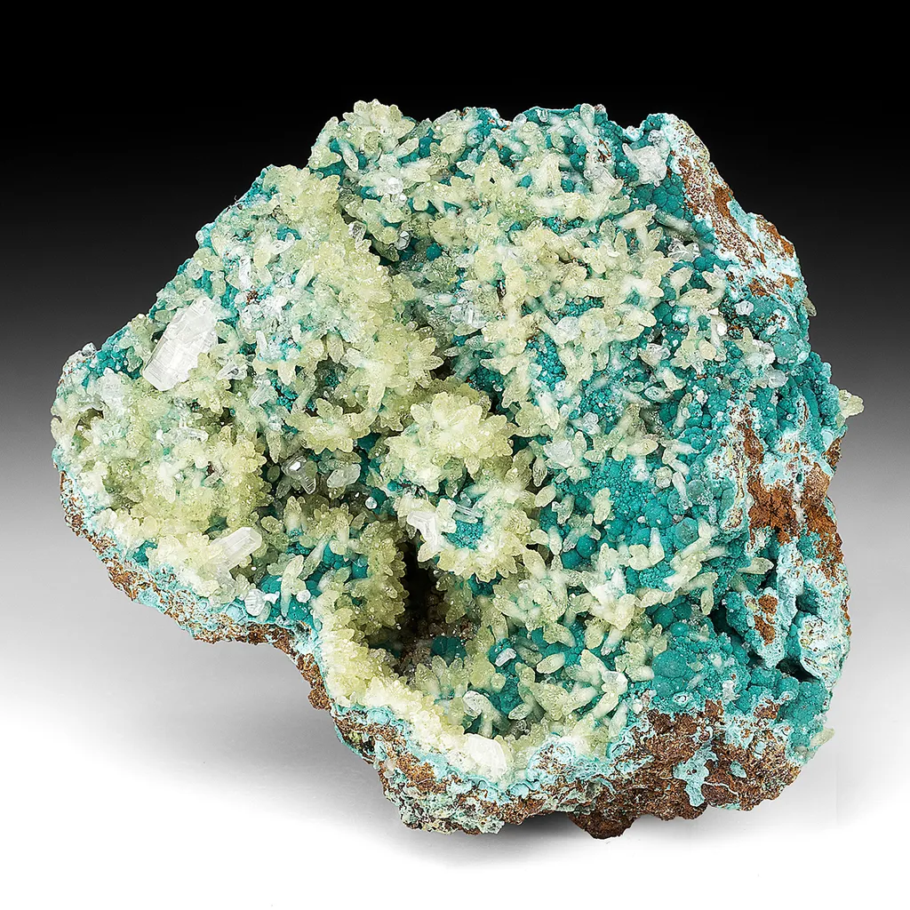 Rosasite with Cerussite, Calcite, Quartz image
