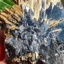 Rutile on Hematite from Novo Horizonte, Bahia, Brasil. Golden Rutile needles on metallic Hematite. Reflective and shiny - image 2