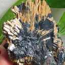 Rutile on Hematite from Novo Horizonte, Bahia, Brasil. Golden Rutile needles on metallic Hematite. Reflective and shiny - image 8