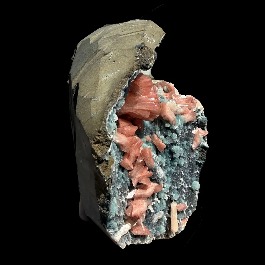 Salmon Red - Heulandite Clusters on Sparkling Grey Chalcedony Geode Matrix – Rare Indian Zeolite Mineral Specimen from Jalgaon - image 7