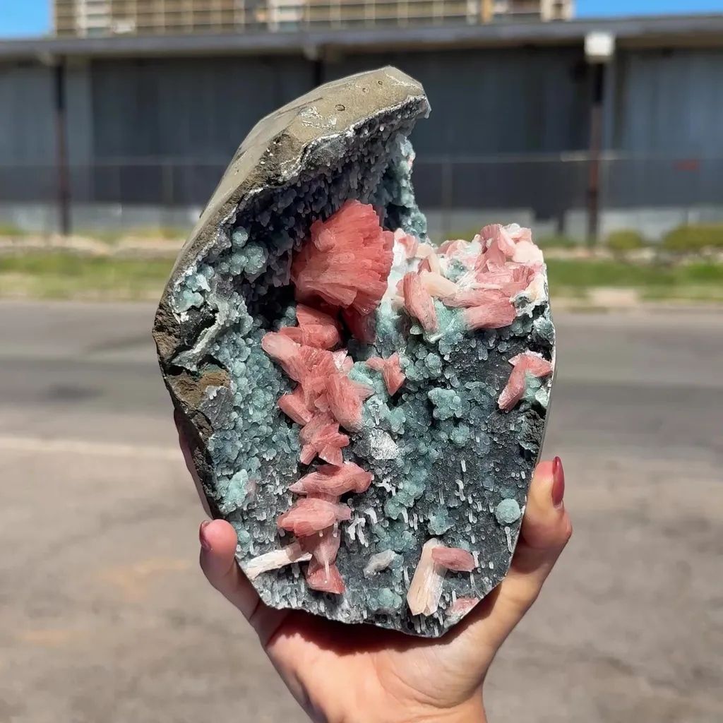 Salmon Red - Heulandite Clusters on Sparkling Grey Chalcedony Geode Matrix – Rare Indian Zeolite Mineral Specimen from Jalgaon - image 2