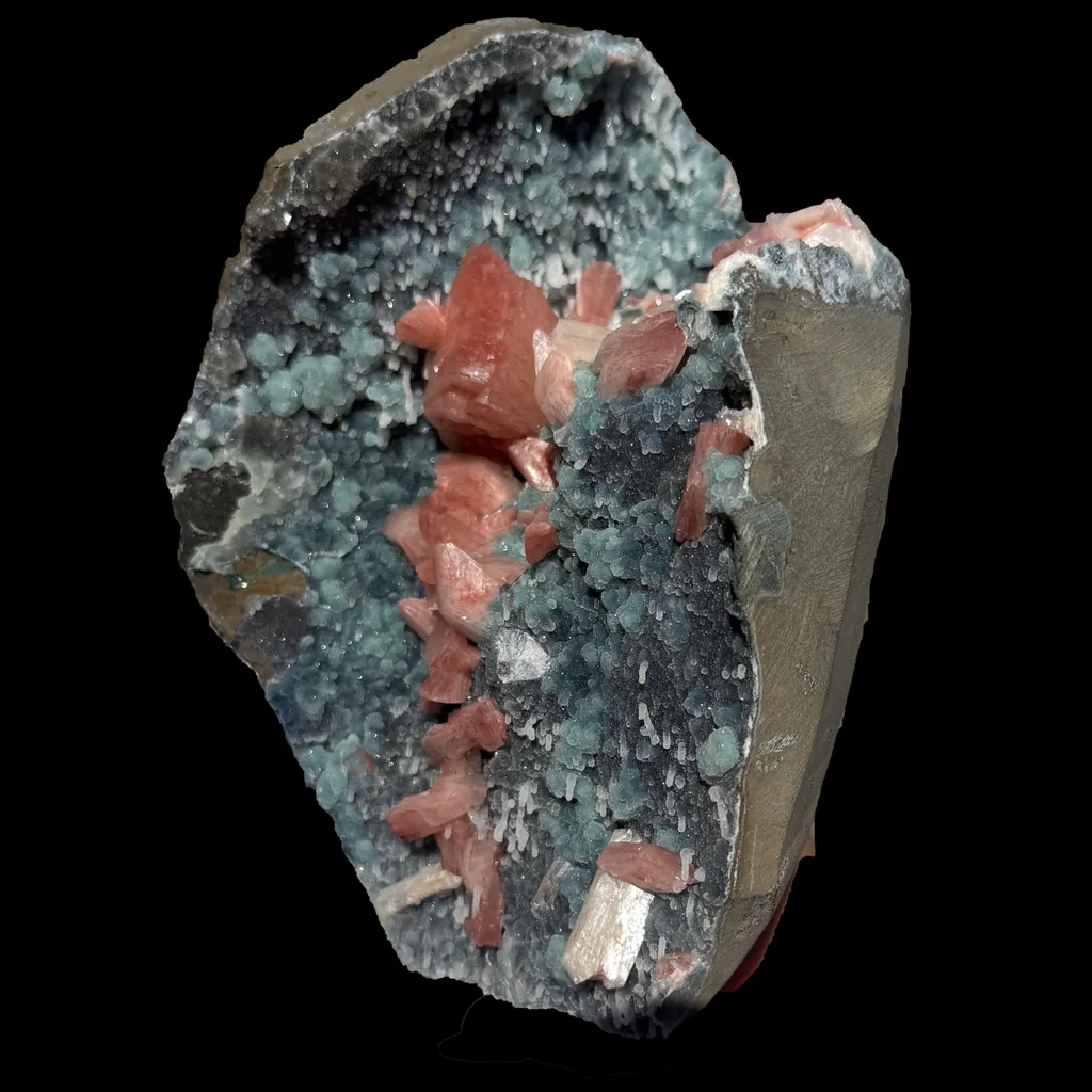 Salmon Red - Heulandite Clusters on Sparkling Grey Chalcedony Geode Matrix – Rare Indian Zeolite Mineral Specimen from Jalgaon - image 3