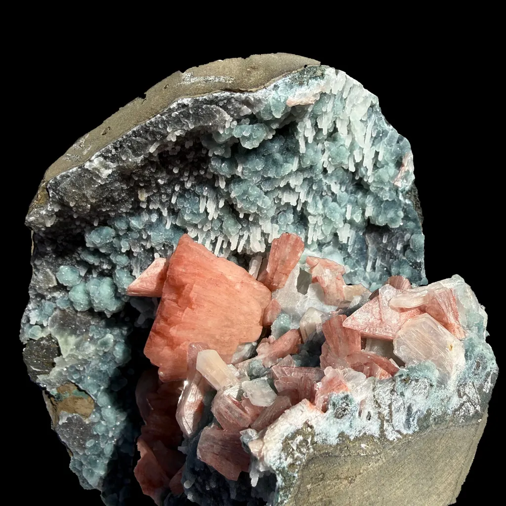 Salmon Red - Heulandite Clusters on Sparkling Grey Chalcedony Geode Matrix – Rare Indian Zeolite Mineral Specimen from Jalgaon - image 4