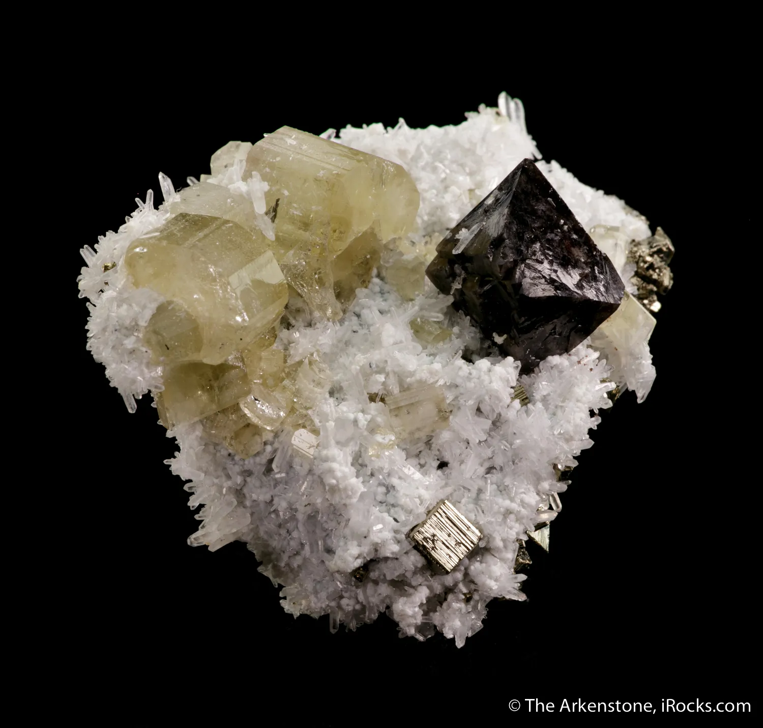 Scheelite, Fluorapatite and Quartz on Pyrite - image 2