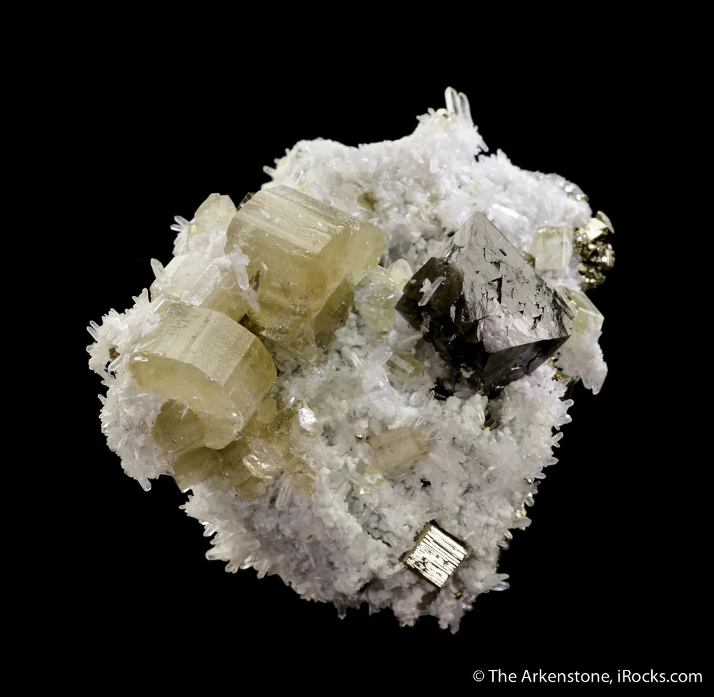 Scheelite, Fluorapatite and Quartz on Pyrite image