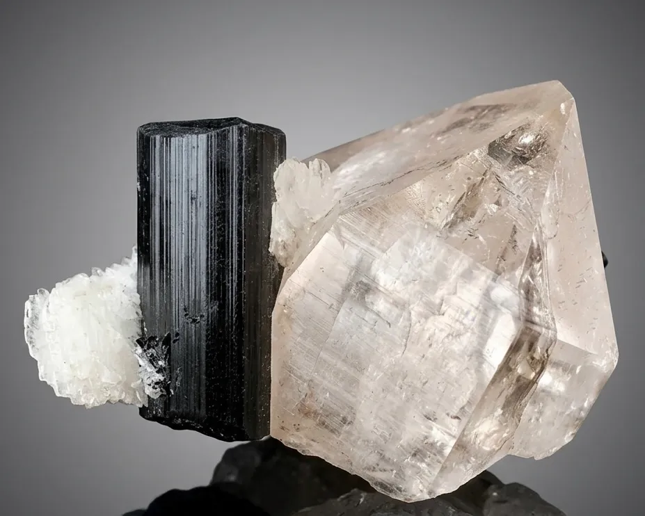 Schorl Black Tourmaline Crystal on Smoky Quartz from Pakistan image