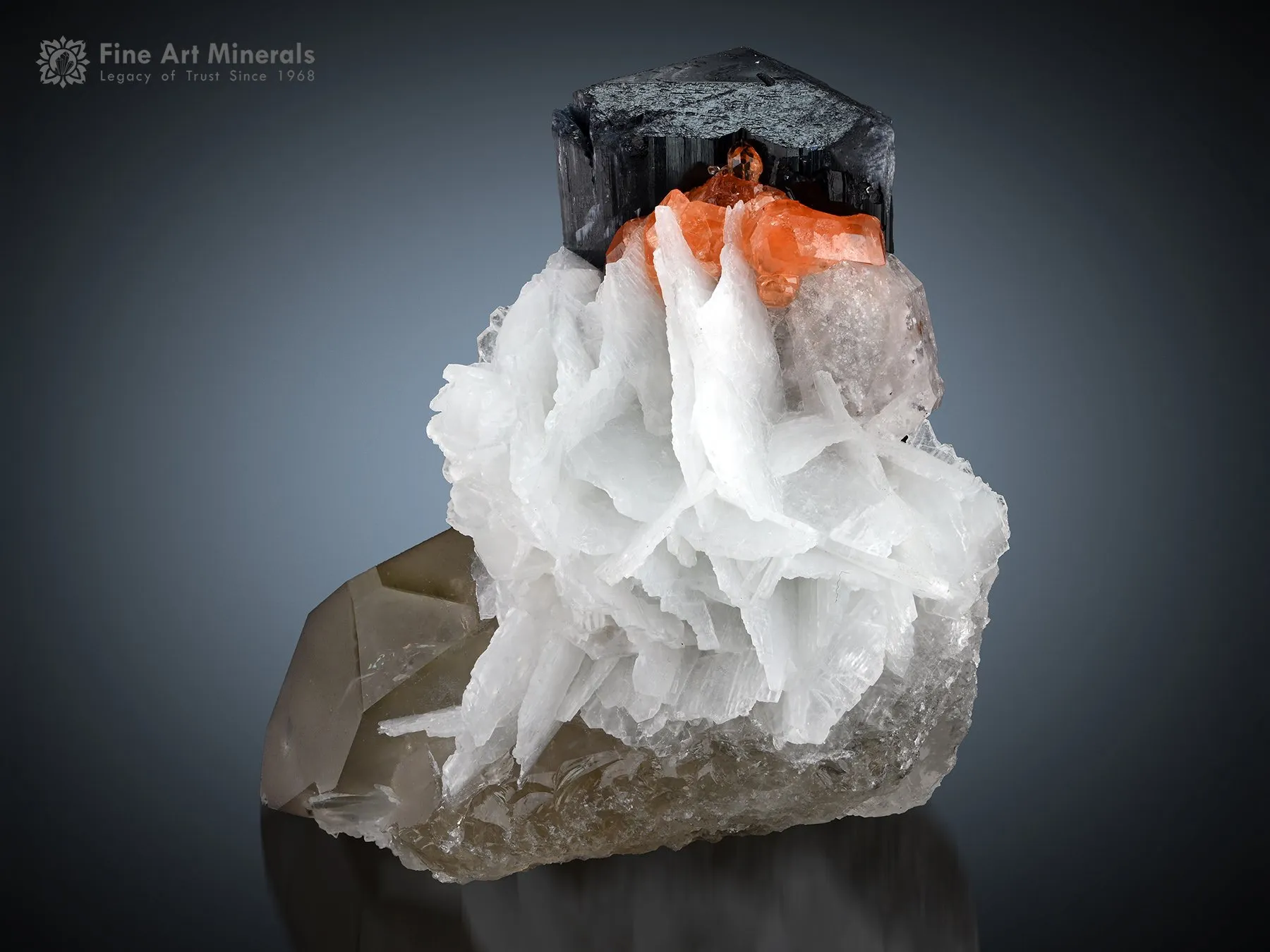 Schorl with Apatite and Spessartine on Cleavelandite and Quartz - image 1