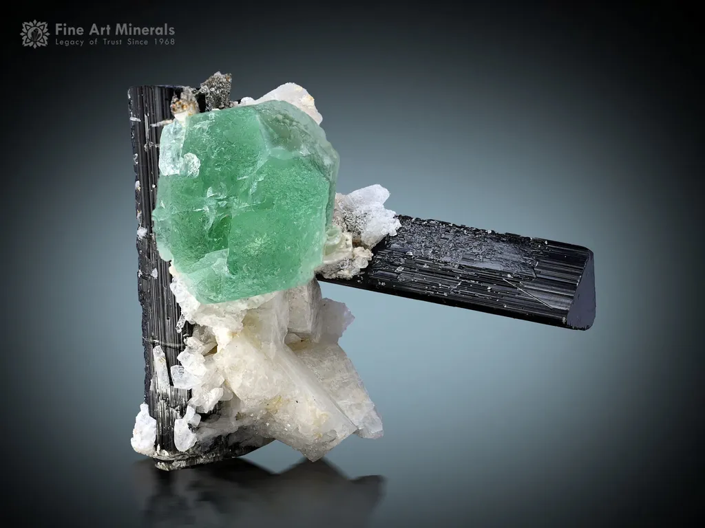 Schorl with Fluorite on Feldspar from Stak Nala Pakistan - image 2