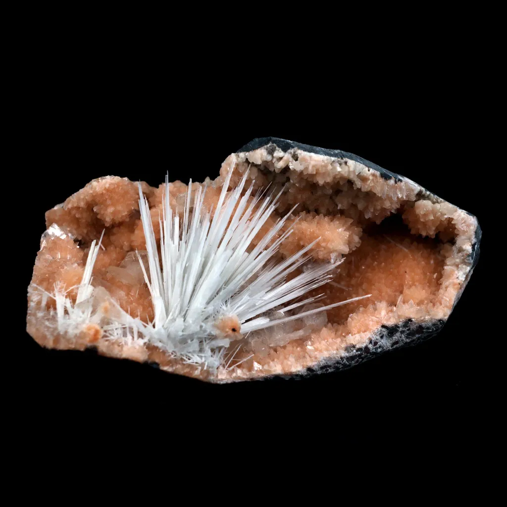 Scolecite Accular Sprays Inside Heulandite Geode Natural Mineral Specimen image