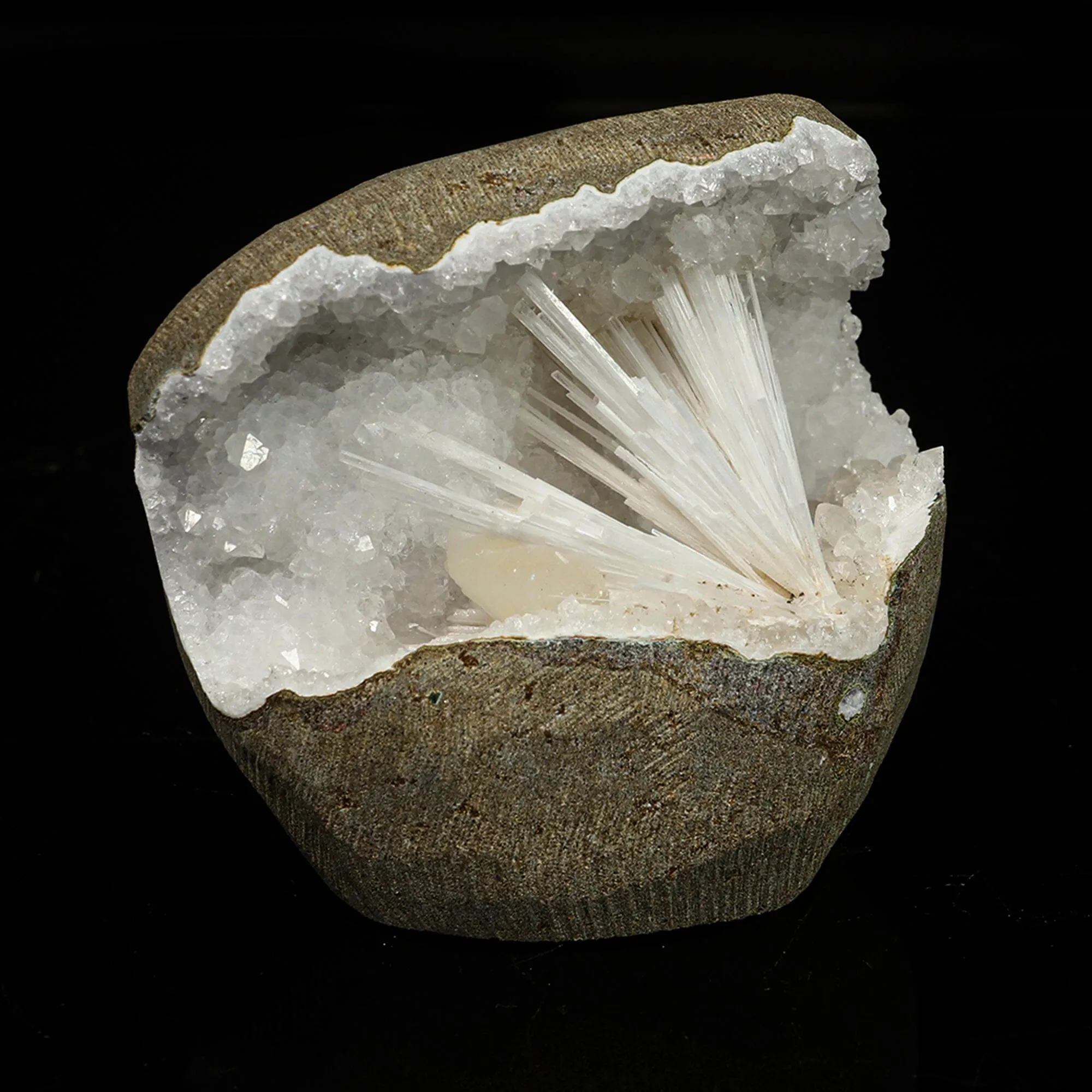Scolecite in MM Quartz Geode Natural Mineral Specimen - image 3