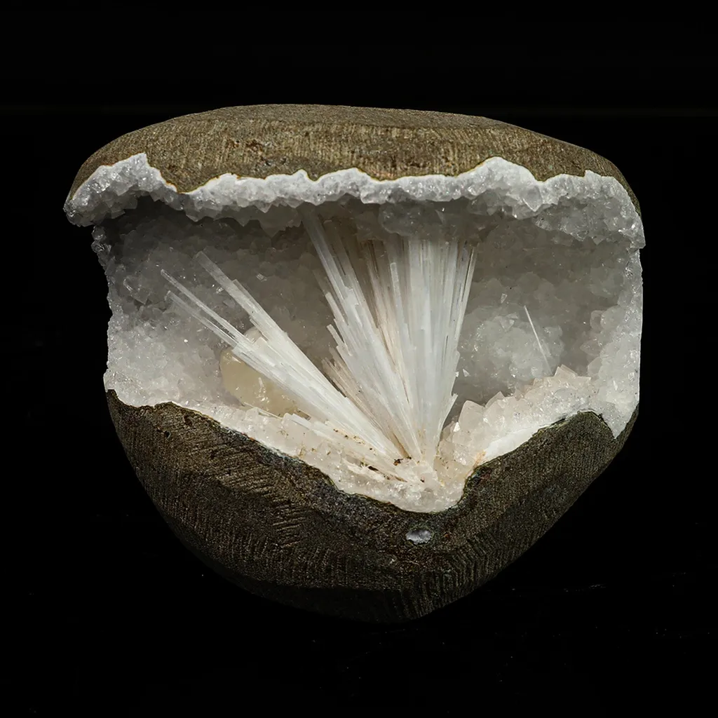 Scolecite in MM Quartz Geode Natural Mineral Specimen image
