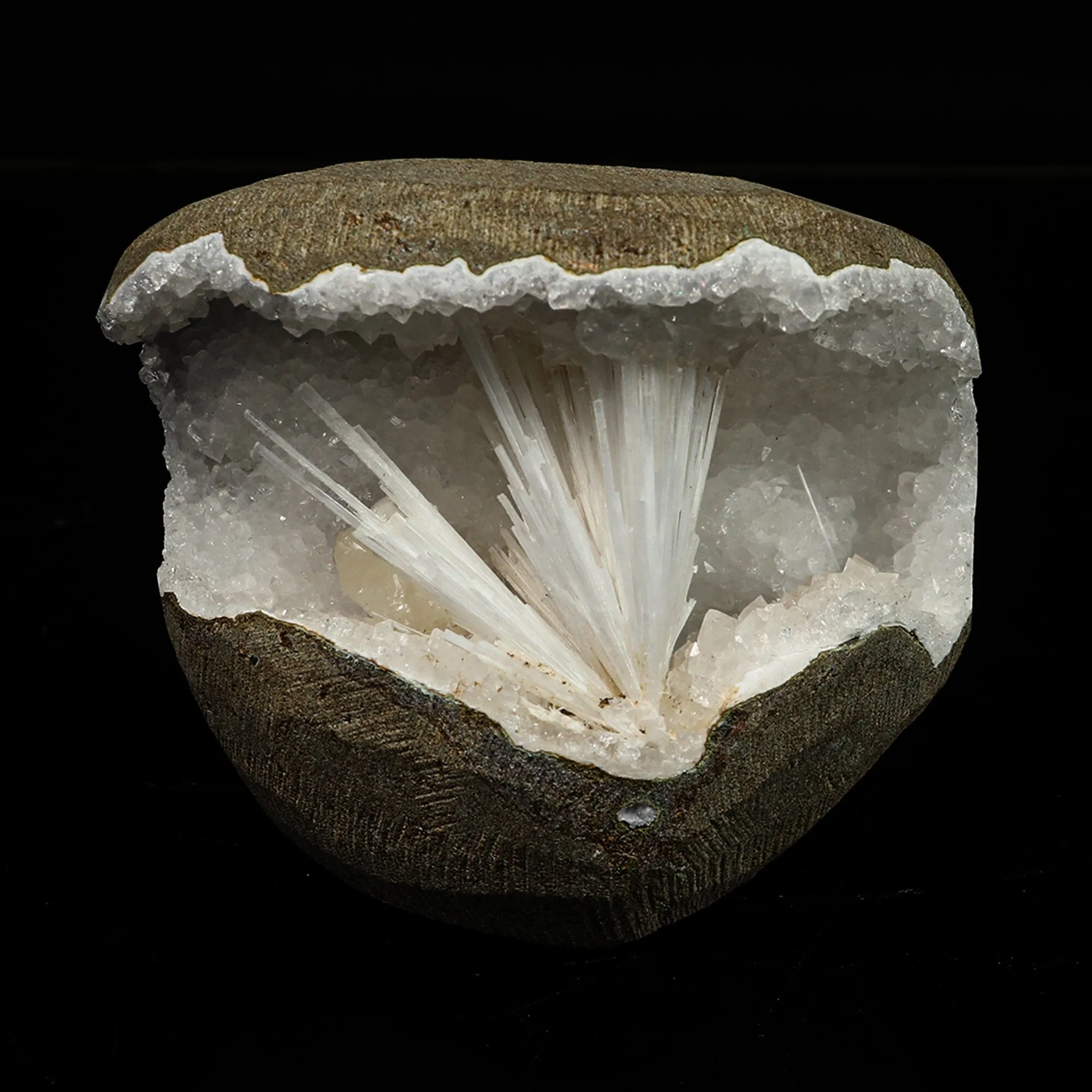 Scolecite in MM Quartz Geode Natural Mineral Specimen - image 1