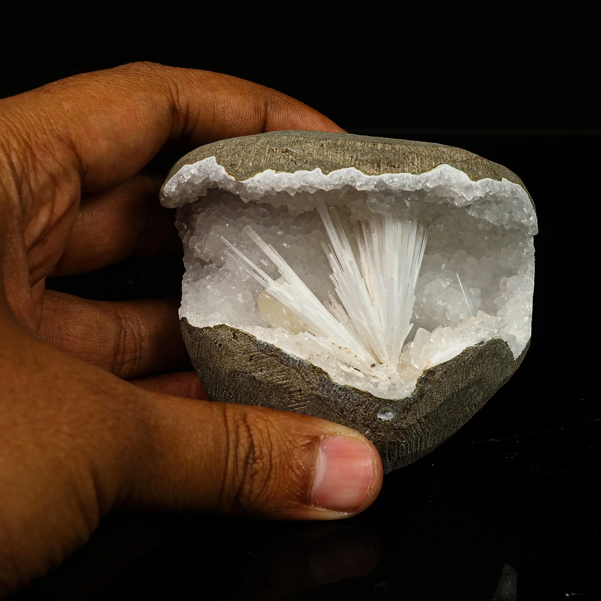 Scolecite in MM Quartz Geode Natural Mineral Specimen - image 4