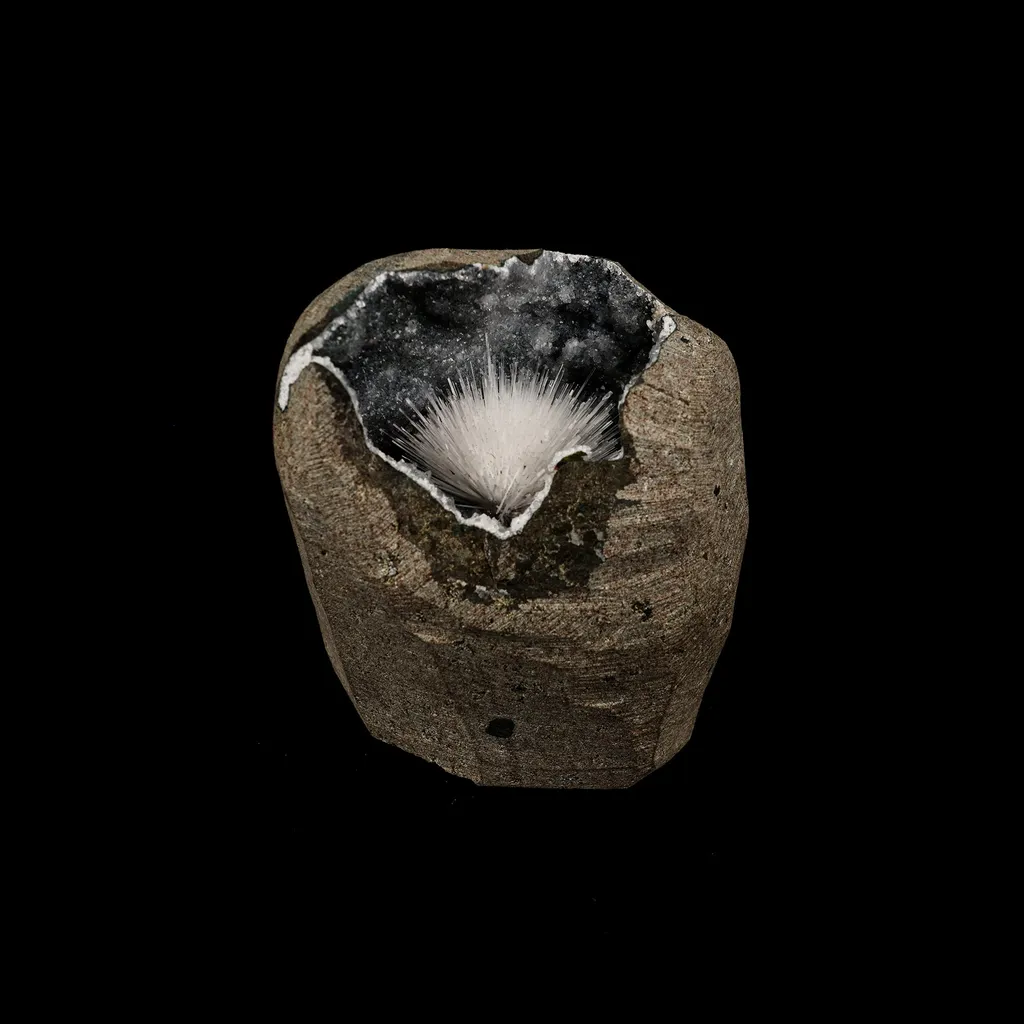 Scolecite Inside MM Quartz Geode Natural Mineral Specimen image