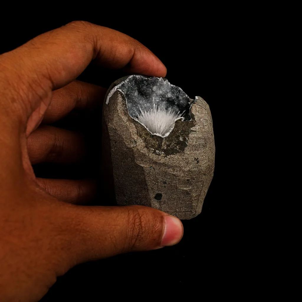 Scolecite Inside MM Quartz Geode Natural Mineral Specimen - image 5
