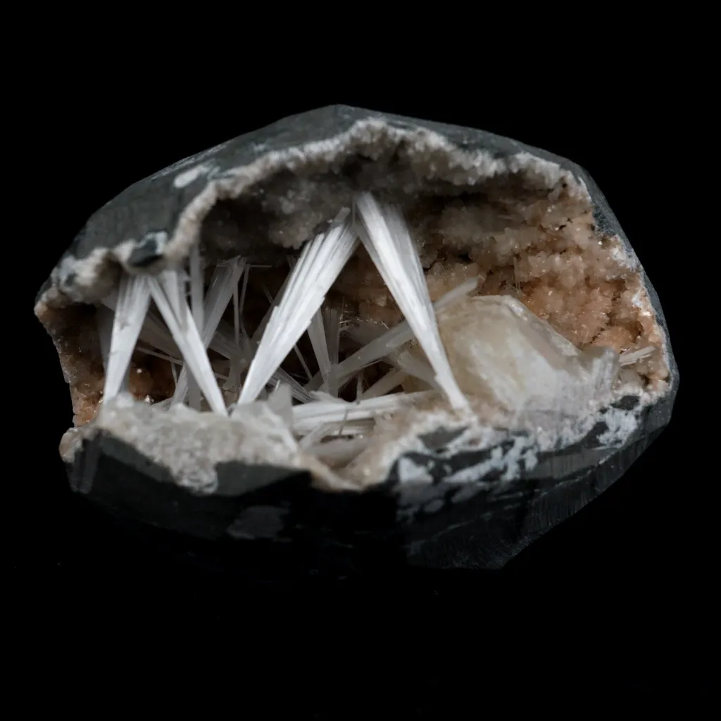 Scolecite Intergrown Sprays Inside Heulandite Geode Natural Mineral Specimen image