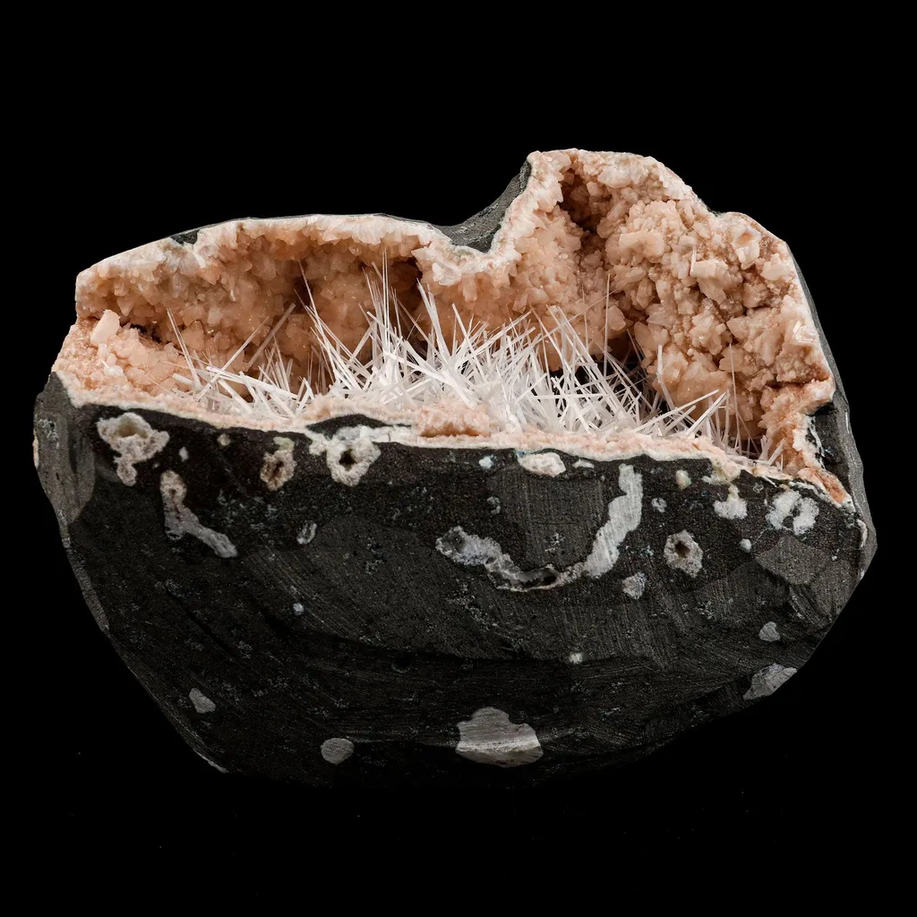 Scolecite Needles Sprays Inside Heulandite Geode Natural Mineral Specimen image