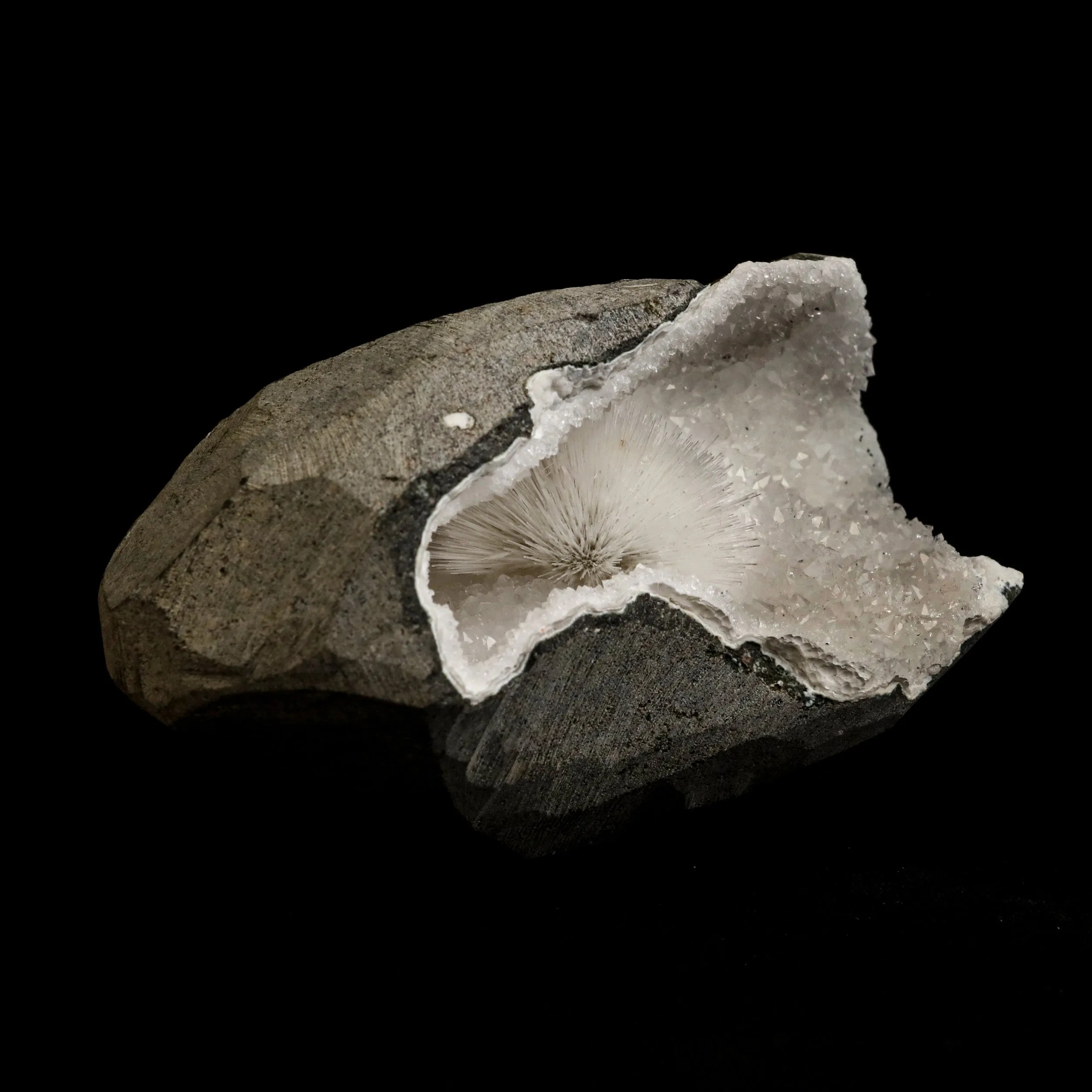 Scolecite Porcupine Spray inside MM Quartz Geode Natural Mineral Specimen - image 2