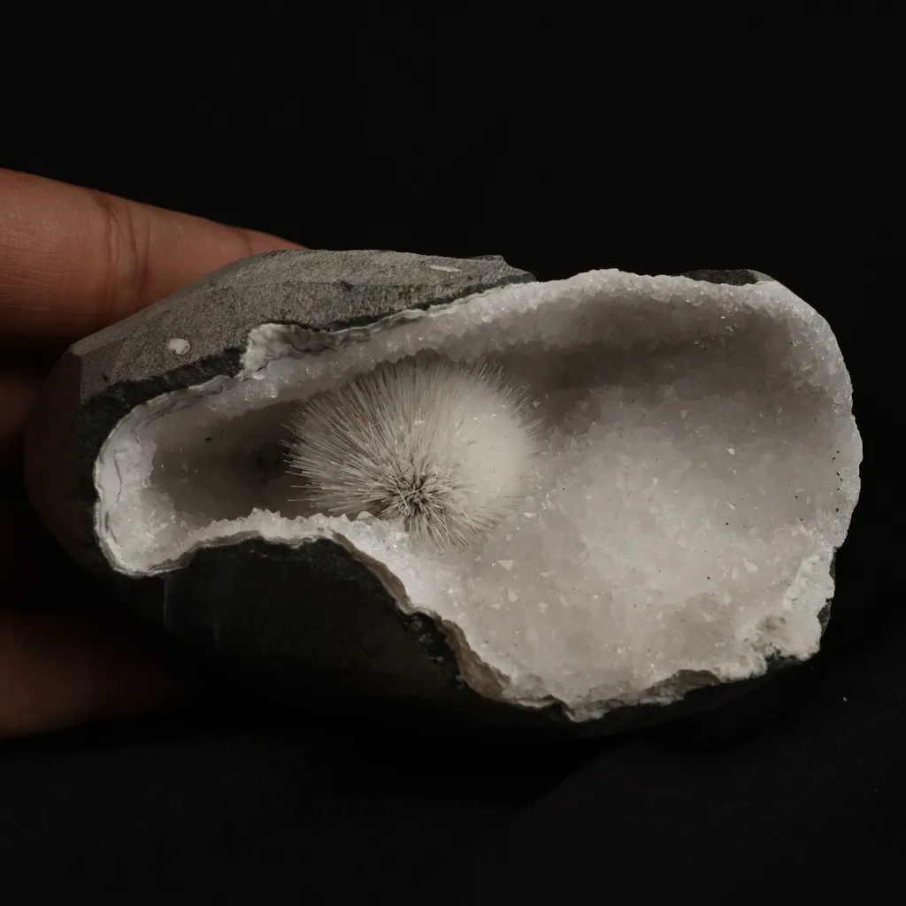 Scolecite Porcupine  Spray inside MM Quartz Geode Natural Mineral Specimen - image 5