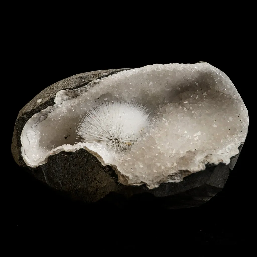 Scolecite Porcupine  Spray inside MM Quartz Geode Natural Mineral Specimen image