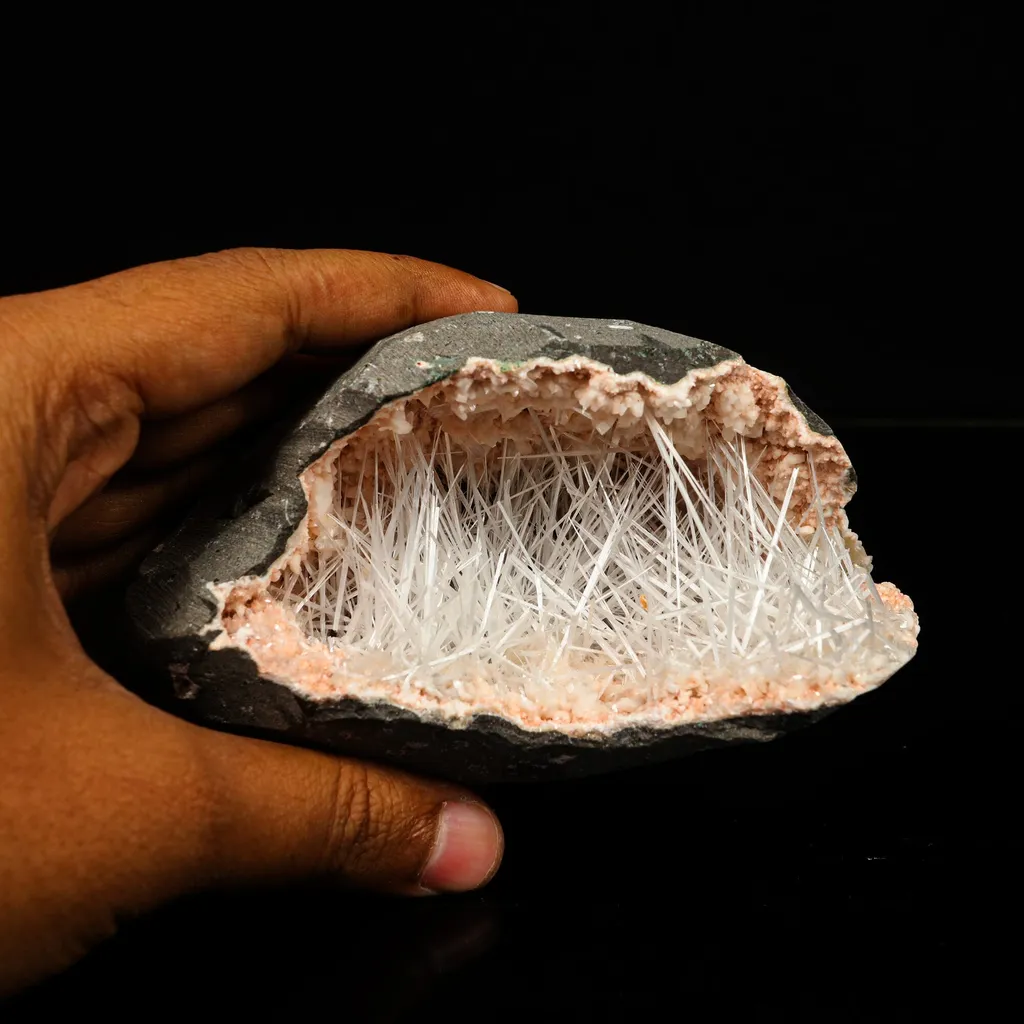 Scolecite Spray in Heulandite Geode Natural Mineral Specimen image