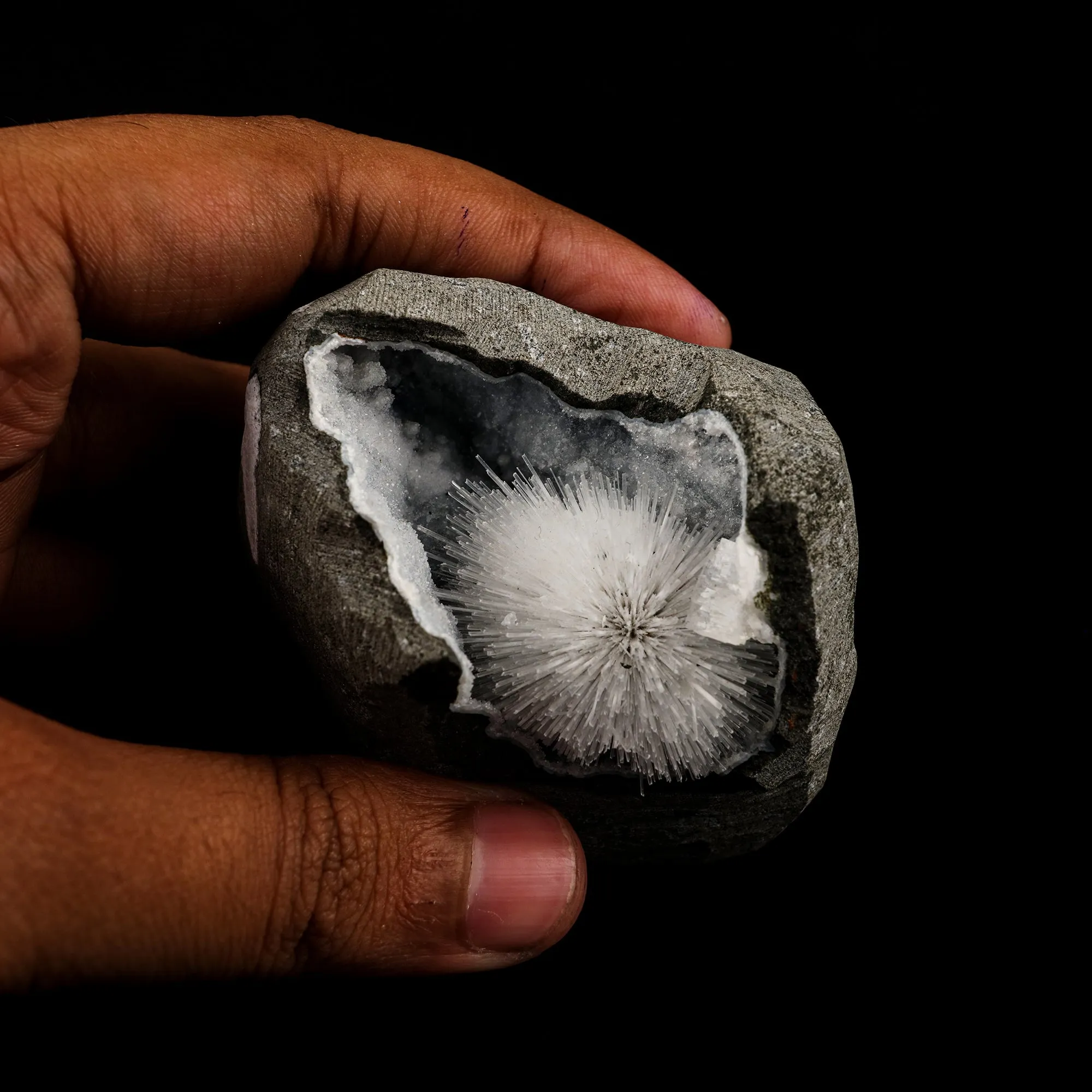 Scolecite Spray Inside Chalcedony Geode Natural Mineral Specimen - image 3