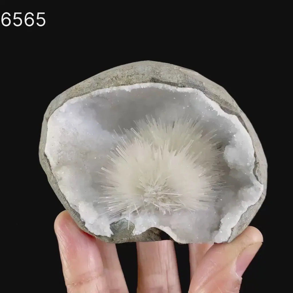 Scolecite Spray Inside MM Quartz Geode Natural Mineral Specimen - image 6