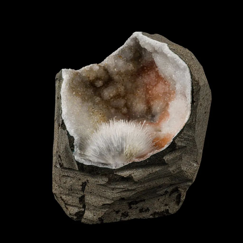 Scolecite Spray Inside MM Quartz Geode Natural Mineral Specimen image