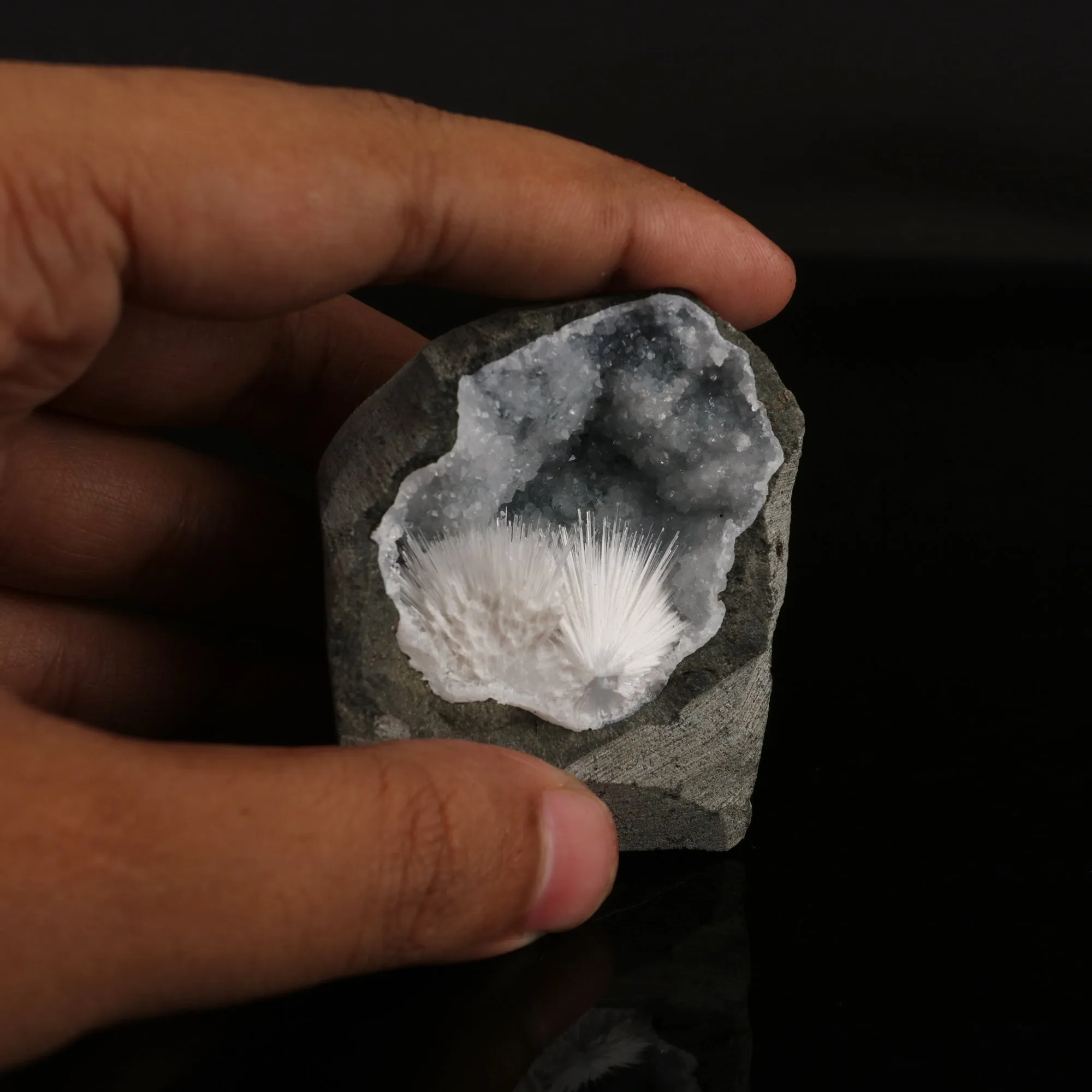 Scolecite Spray Inside MM Quartz Geode Natural Mineral Specimen - image 4