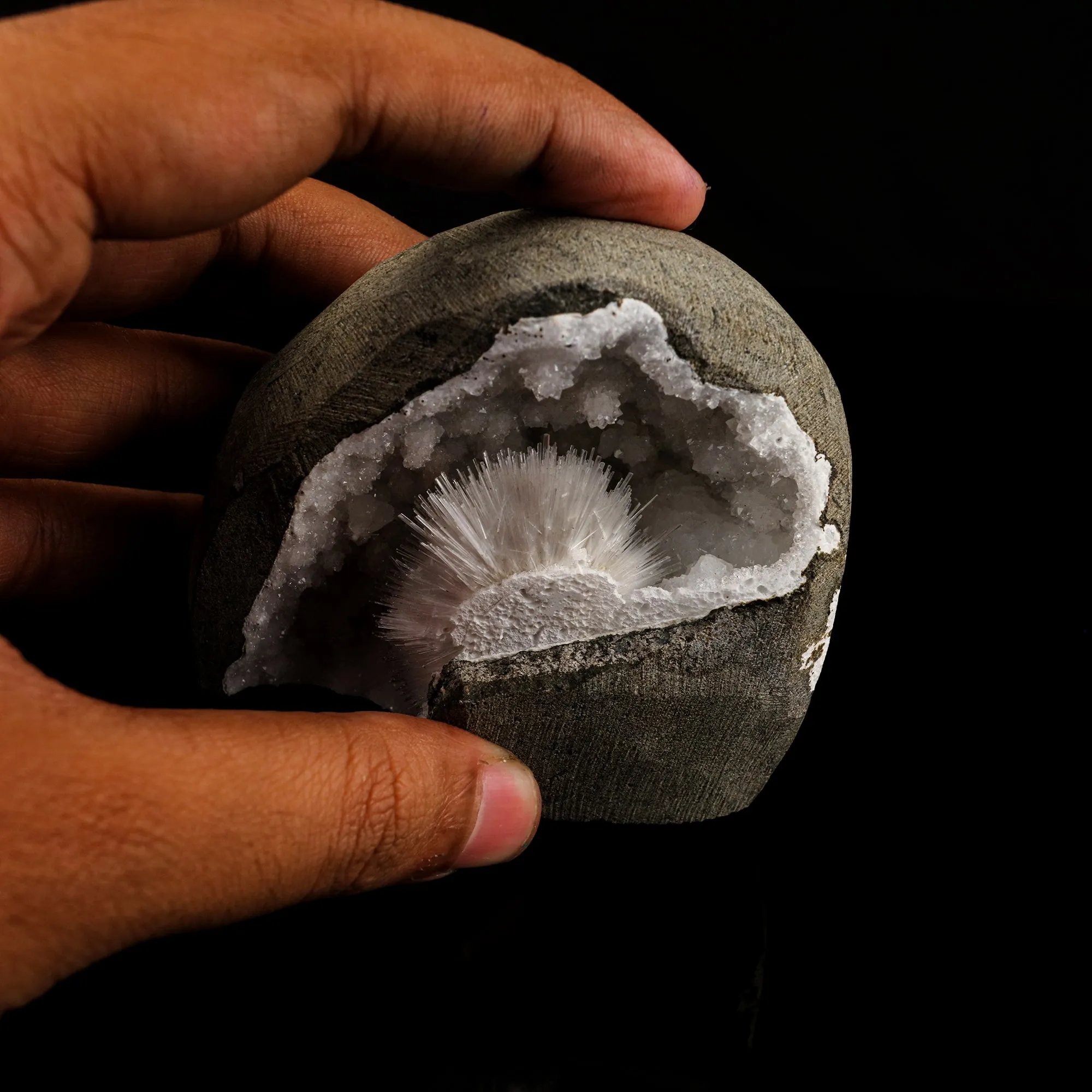 Scolecite Spray Inside MM Quartz Geode Natural Mineral Specimen - image 4