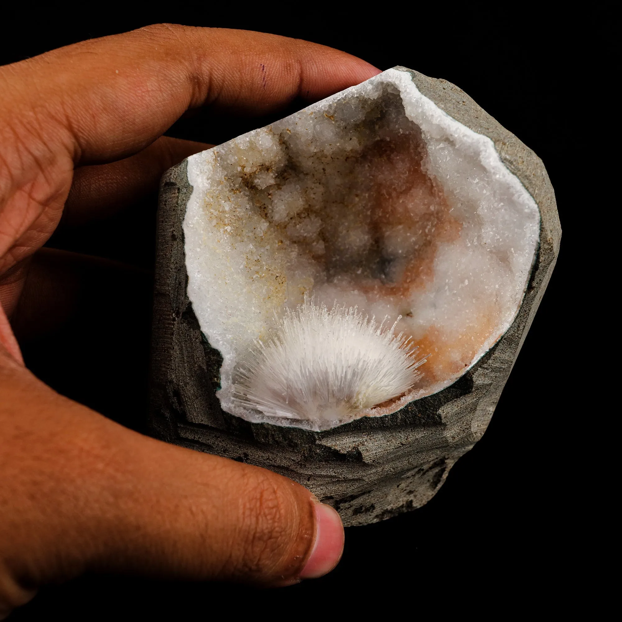 Scolecite Spray Inside MM Quartz Geode Natural Mineral Specimen - image 4