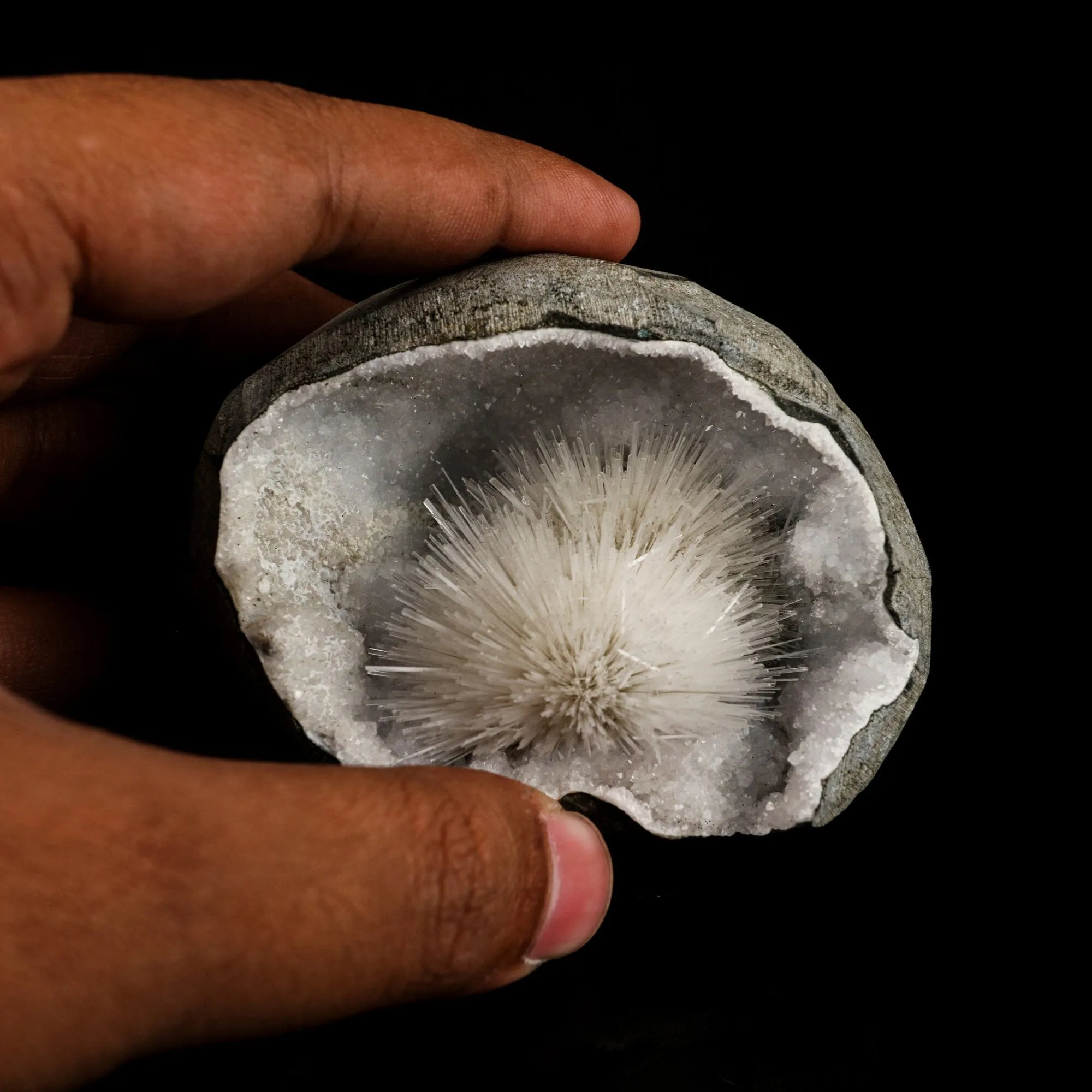 Scolecite Spray Inside MM Quartz Geode Natural Mineral Specimen - image 4
